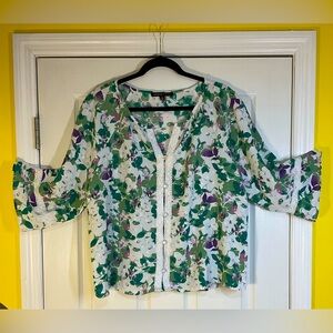 Adrienne Vittadini Floral Button-Up Blouse with Lace Detail & Swiss Dots Size XL